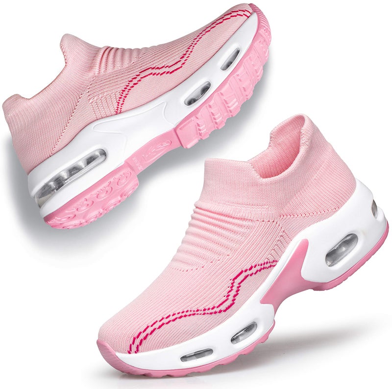 DOUSSPRT Womens Walking Shoes Slip on Sock Sneakers Lady Girls Nurse Mesh Air Cushion Platform Loafers Fashion Casual Confort Pink US Size 8 - Image 1